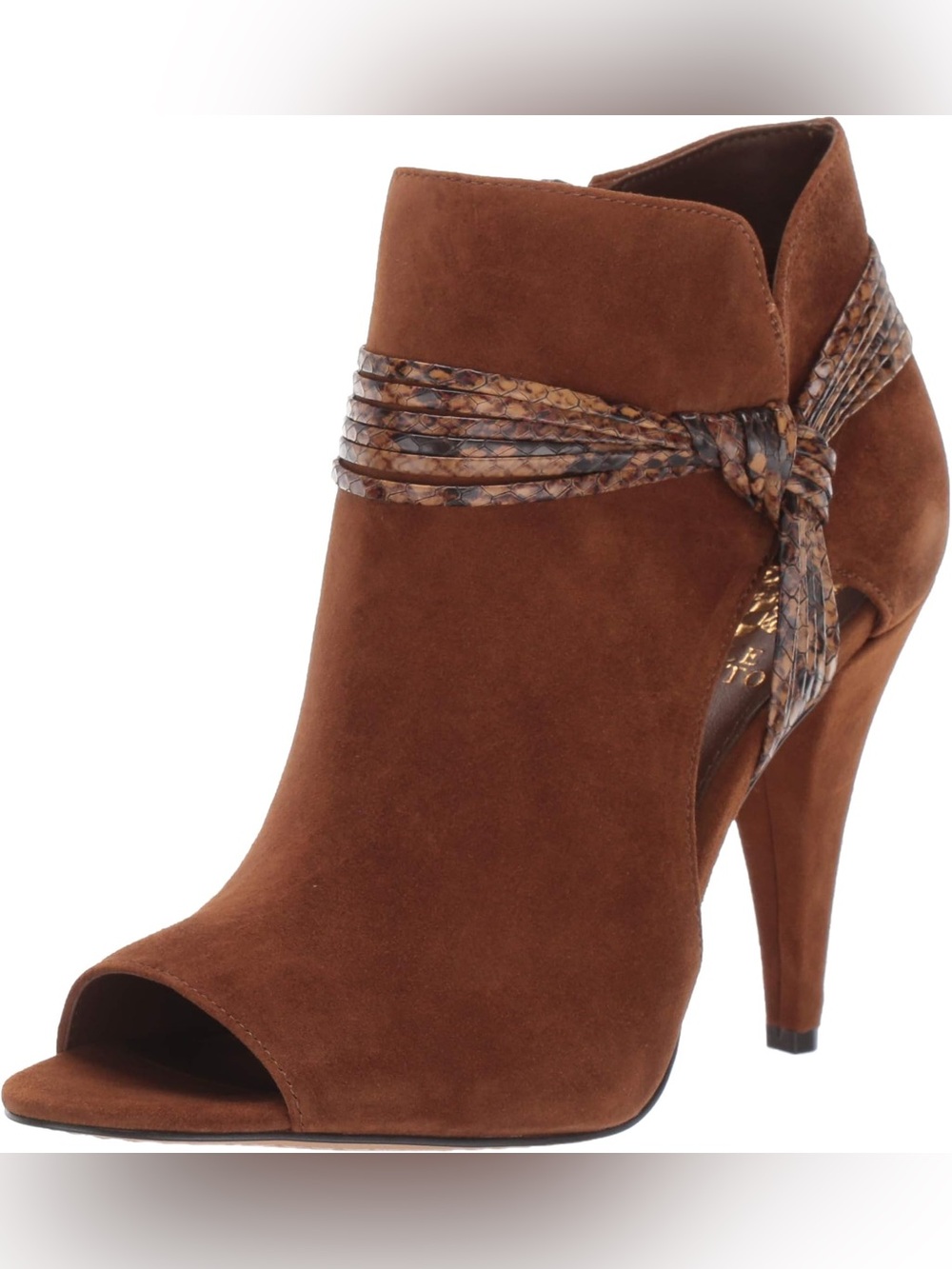 Vince Camuto Annavay Brown Suede Peep Toe Booties Snake Knot High Heel Womens 6M